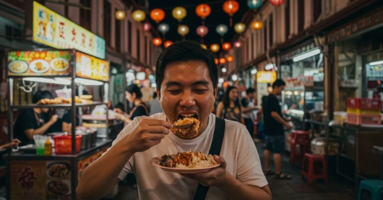 A man enjoying a meal at a vibrant street food market with lanterns illuminating the bustling atmosphere.