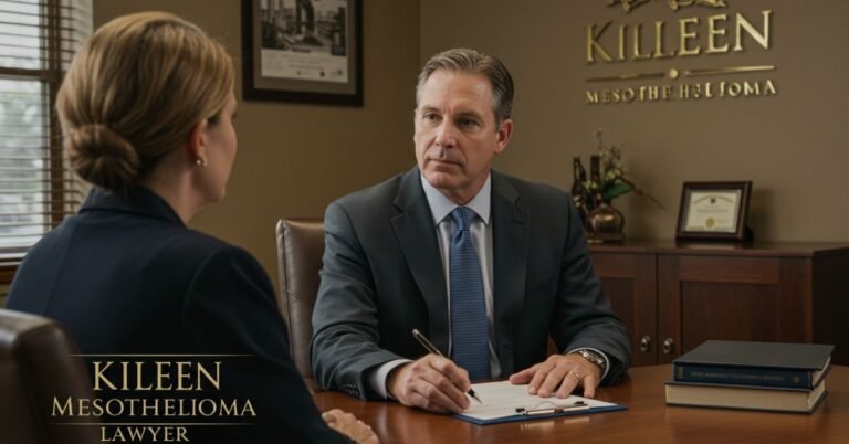 A lawyer in a formal suit consulting a client at an office desk with "Killeen Mesothelioma Lawyer" displayed prominently.